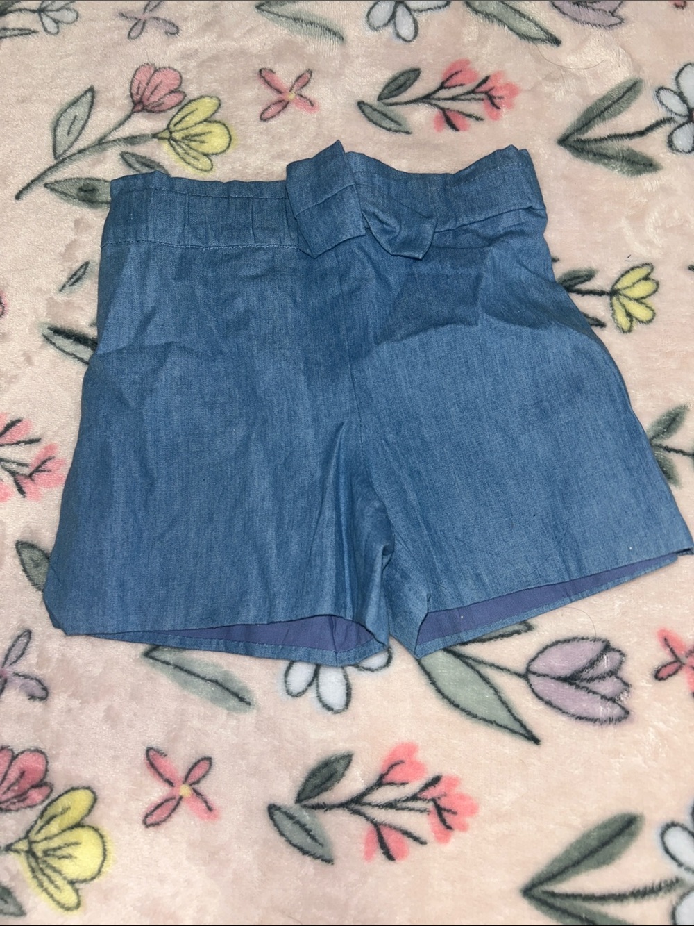 Girls' Blue Denim Paperbag Waist Shorts with Bow